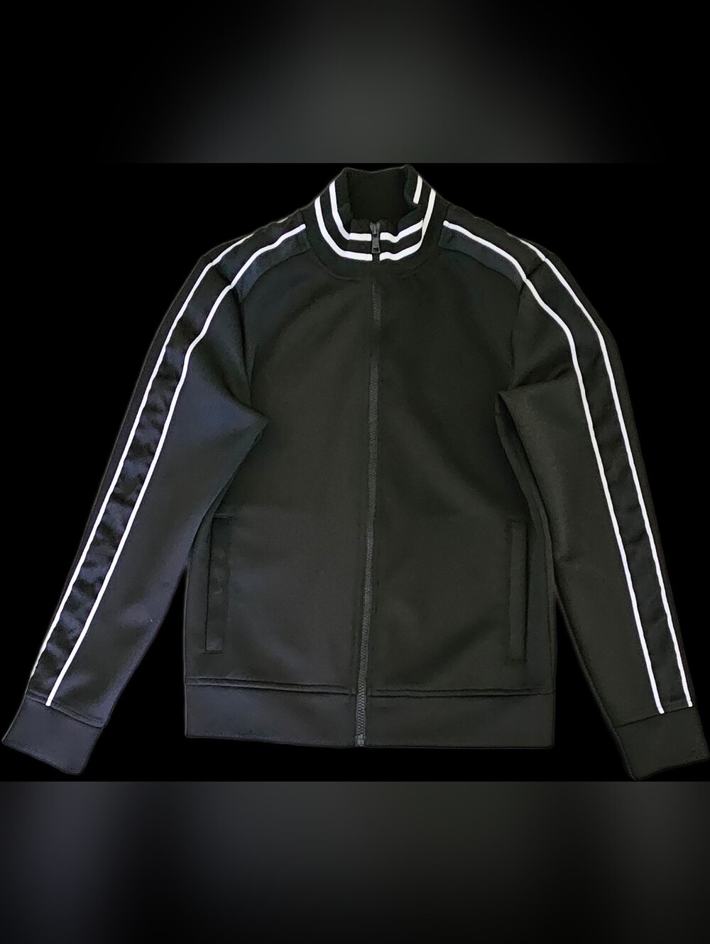 INC International Concepts Black Bomber Jacket with White Stripe